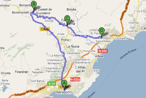 Biking route map starting in Benidorm and passing through Guadalest,Callosa d'en Seria and Altea.